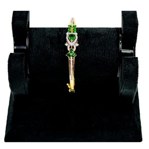 Gold Bracelet with Green Stones & Center Floral Design